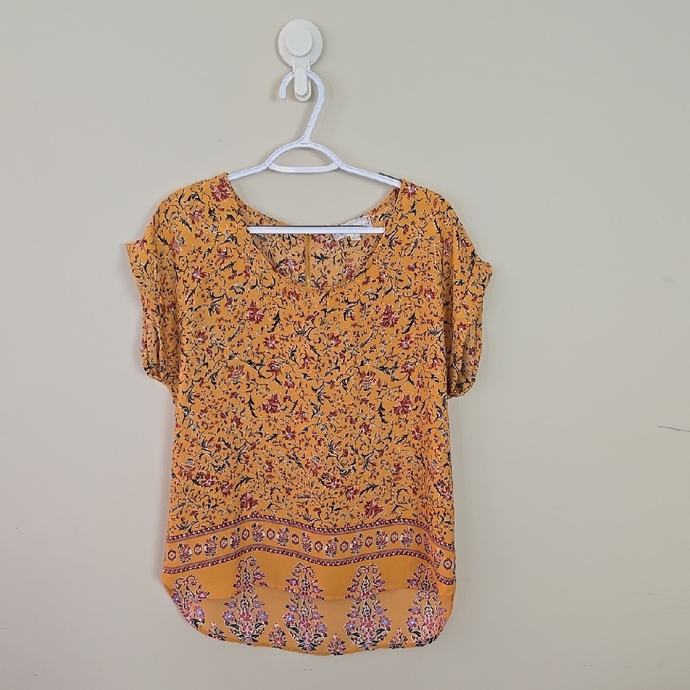Pink Rose Orange Graphic Short Sleeve Blouse